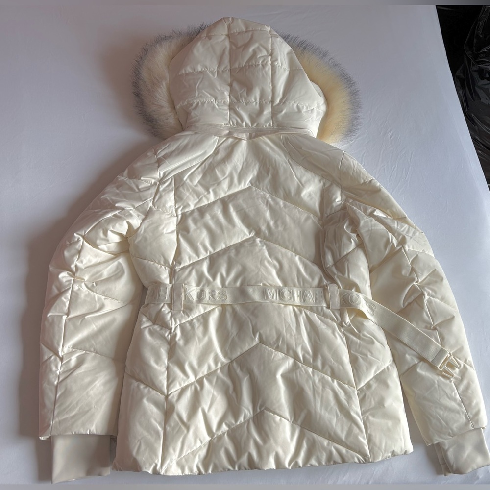 Michael Kors 💅❄️ Bone White Coat Belted MK Jacket Plush Fur Hood NWT $280 - Picture 6 of 13